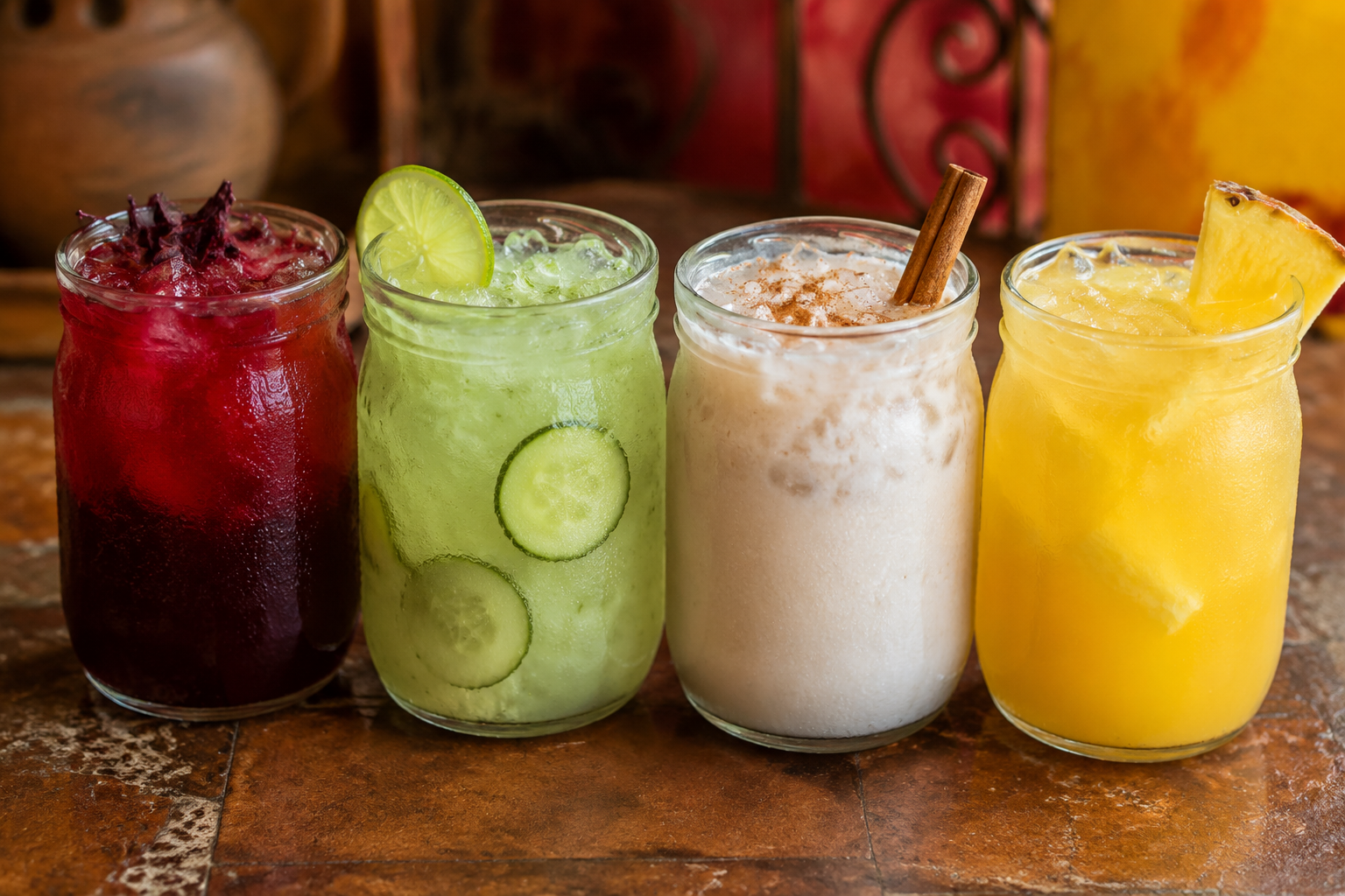 Aguas frescas de Jamaica, pepino con limón, horchata y piña