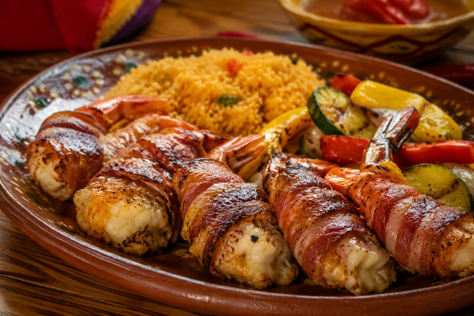 Camarones Costa Azul rellenos de queso y envueltos en tocino
