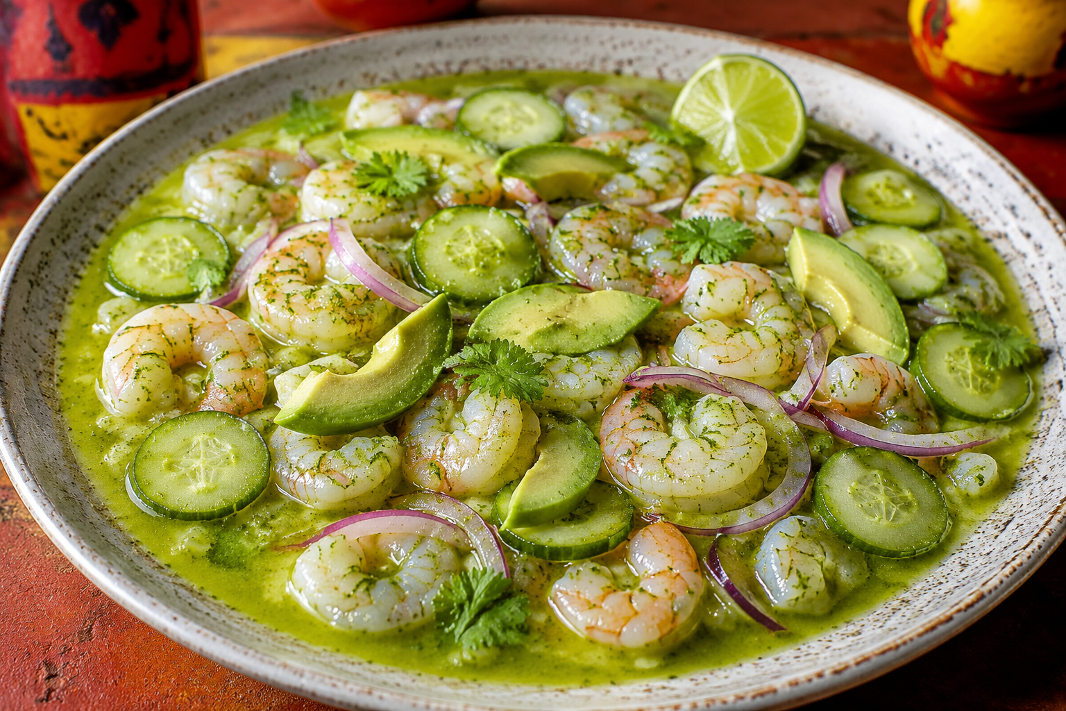 Plato de aguachile verde de camarón