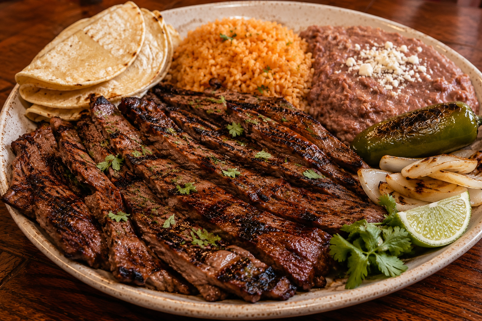 Plato de asada con arroz, frijoles y tortillas