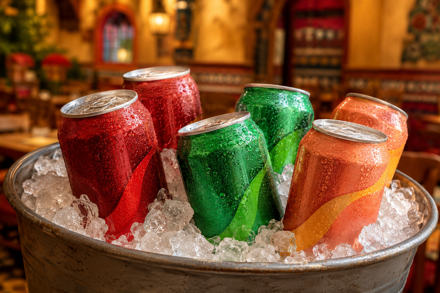 Sodas frías en lata sobre hielo